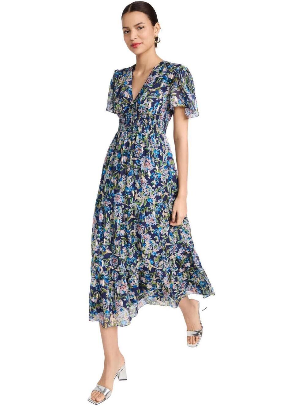 NWT Shoshanna Lenora Dress Navy Silver Multi Floral Chiffon Midi Women's Size 4